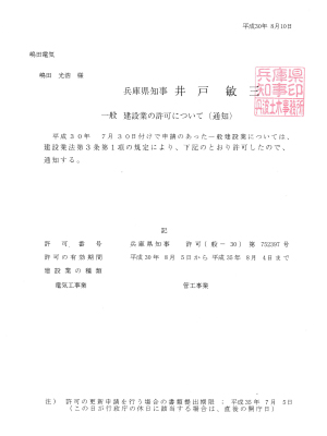 建設業許可 兵庫県知事 許可(般-30)第 752397号